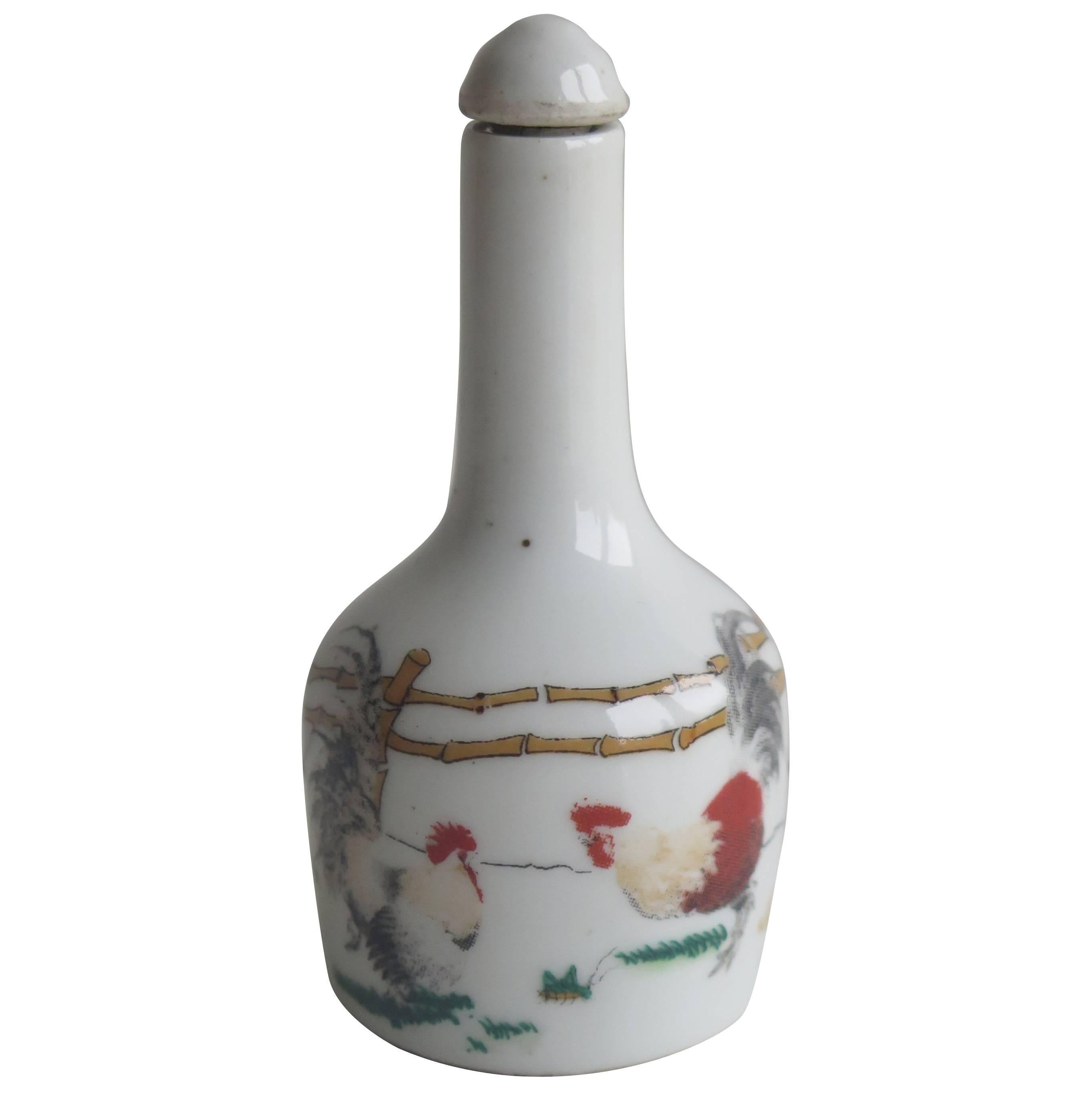 Chinese Porcelain Snuff Bottle Two Enamelled Roosters signed base, Ca 1940