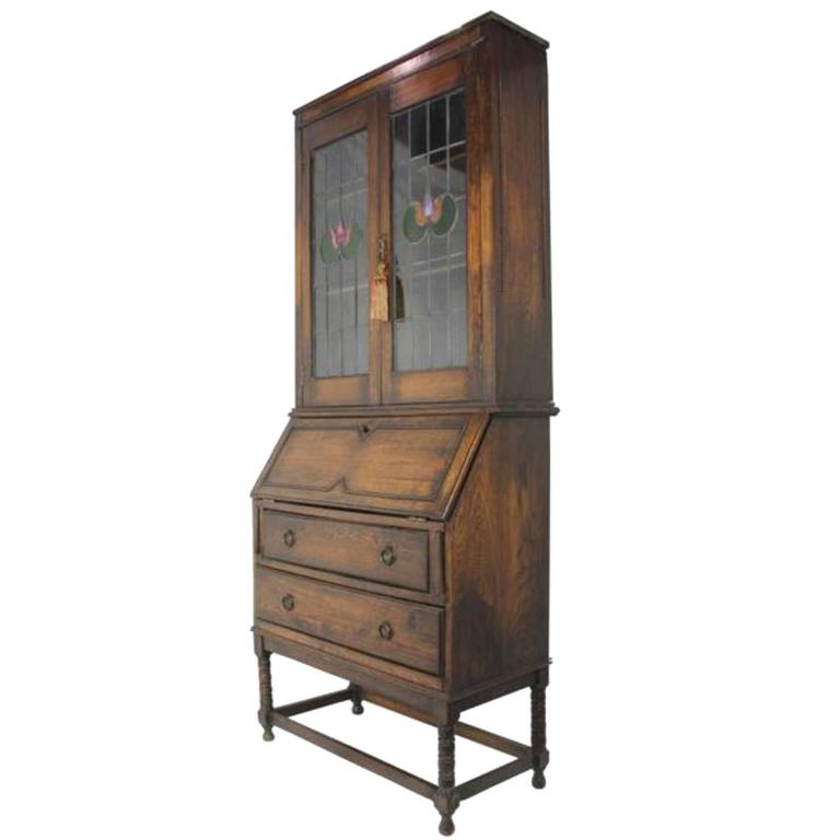 English Arts And Crafts Secretary With Hutch And Leaded Glass