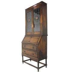 English Arts and Crafts Secretary with Hutch and Leaded Glass Doors