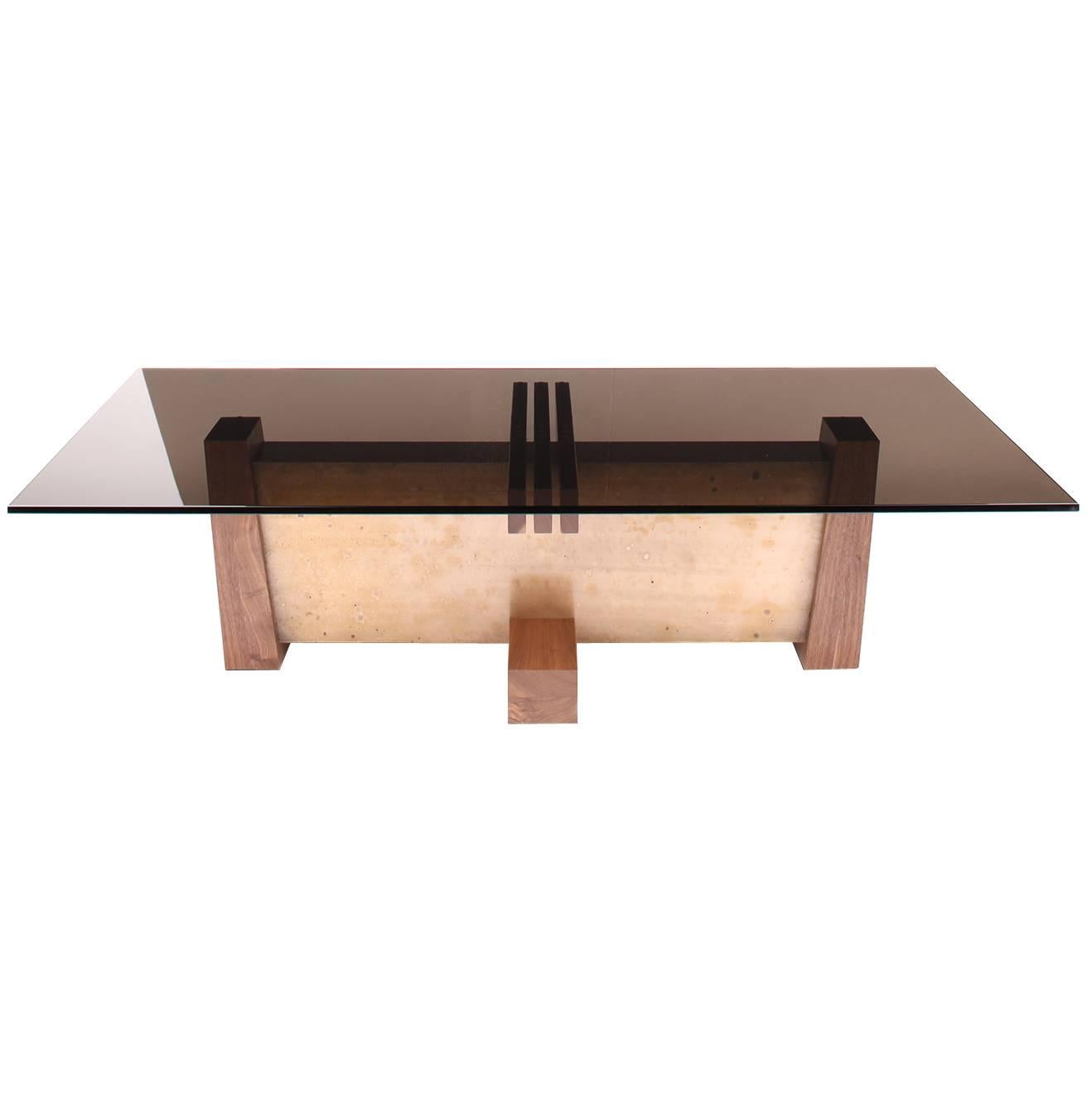 FLW Cocktail Table in Etched Bronze, Walnut and Smoked Glass by Studio Roeper