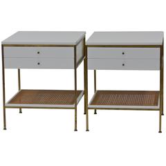 Rare White Paul McCobb Irwin Collection Brass Nightstands with Vitrolite Tops