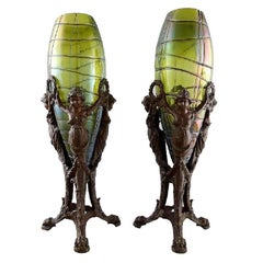 Palme König Pair of Art Nouveau Vases of Irritated and Frosted Green Glass