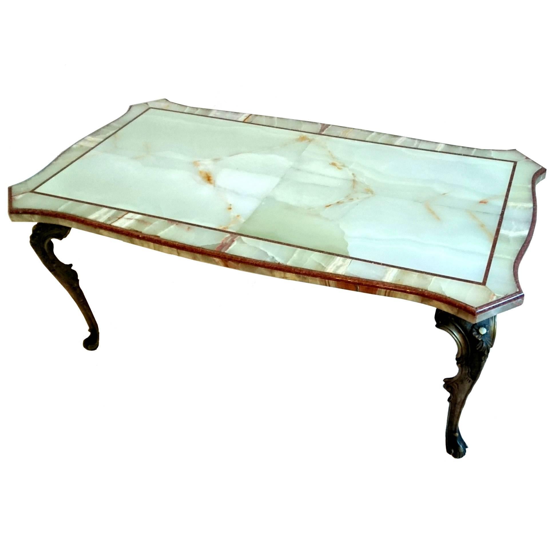 1950s Italian Onyx and Porphyry Coffee Table with Bronze Cast Base