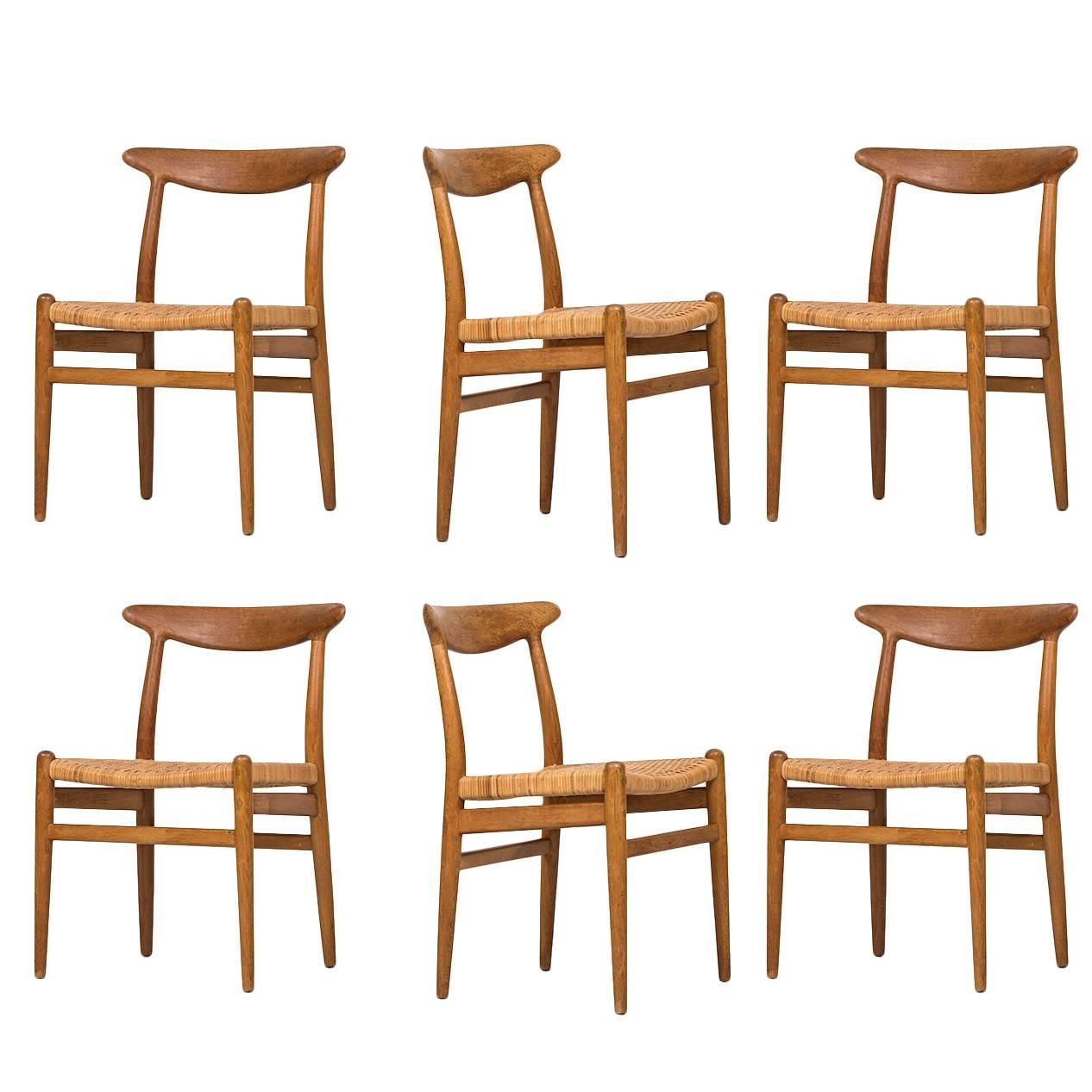 Hans Wegner Set of Six Dining Chairs Model W2 Produced by C.M Madsen in Denmark