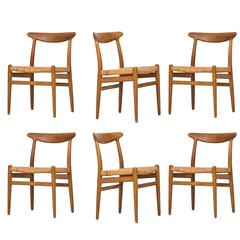 Hans Wegner Set of Six Dining Chairs Model W2 Produced by C.M Madsen in Denmark