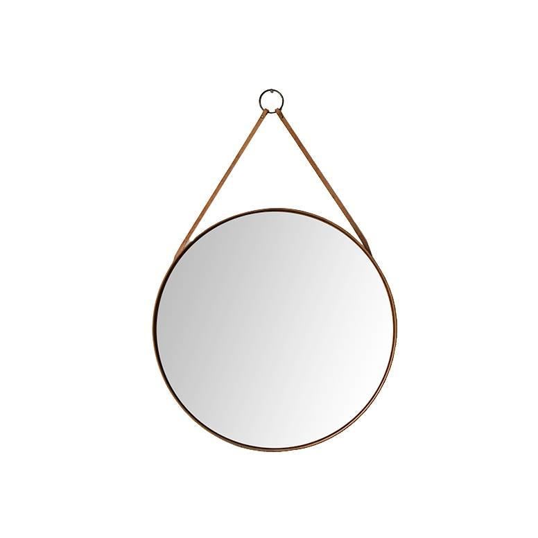 Round Mirror in Oak with Brown Leather Produced by Glas Mäster in Sweden For Sale