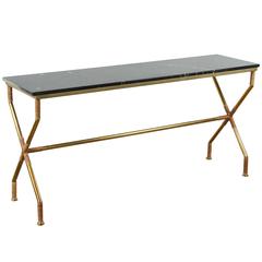 Brass and Raffia Console with Marble Top 4