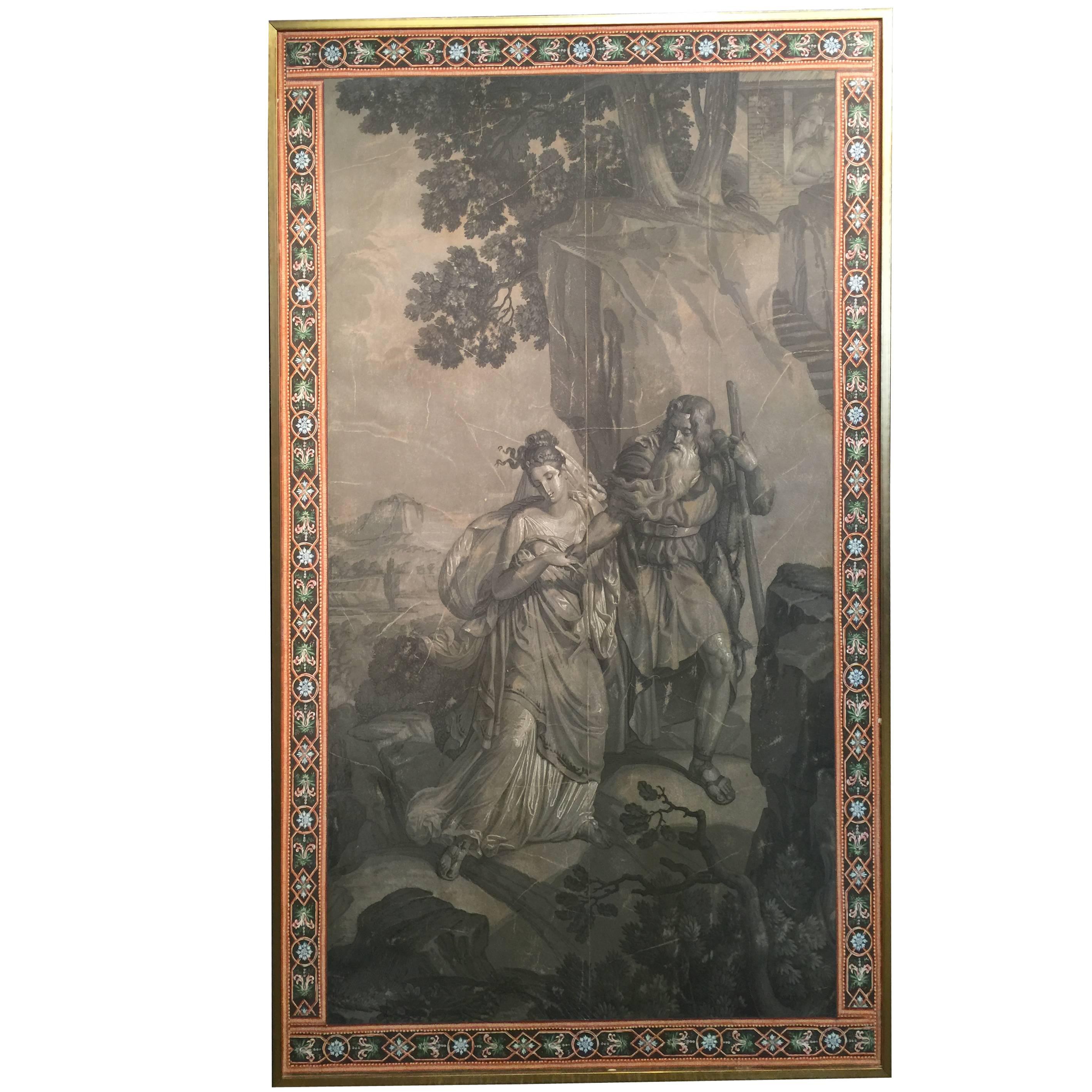 Framed 19th French Grisaille Cupid & Psyche Wallpaper Panel with borders