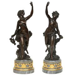 Pair of French 19th Century Louis XVI Style Bronzes on Marble and Ormolu Bases