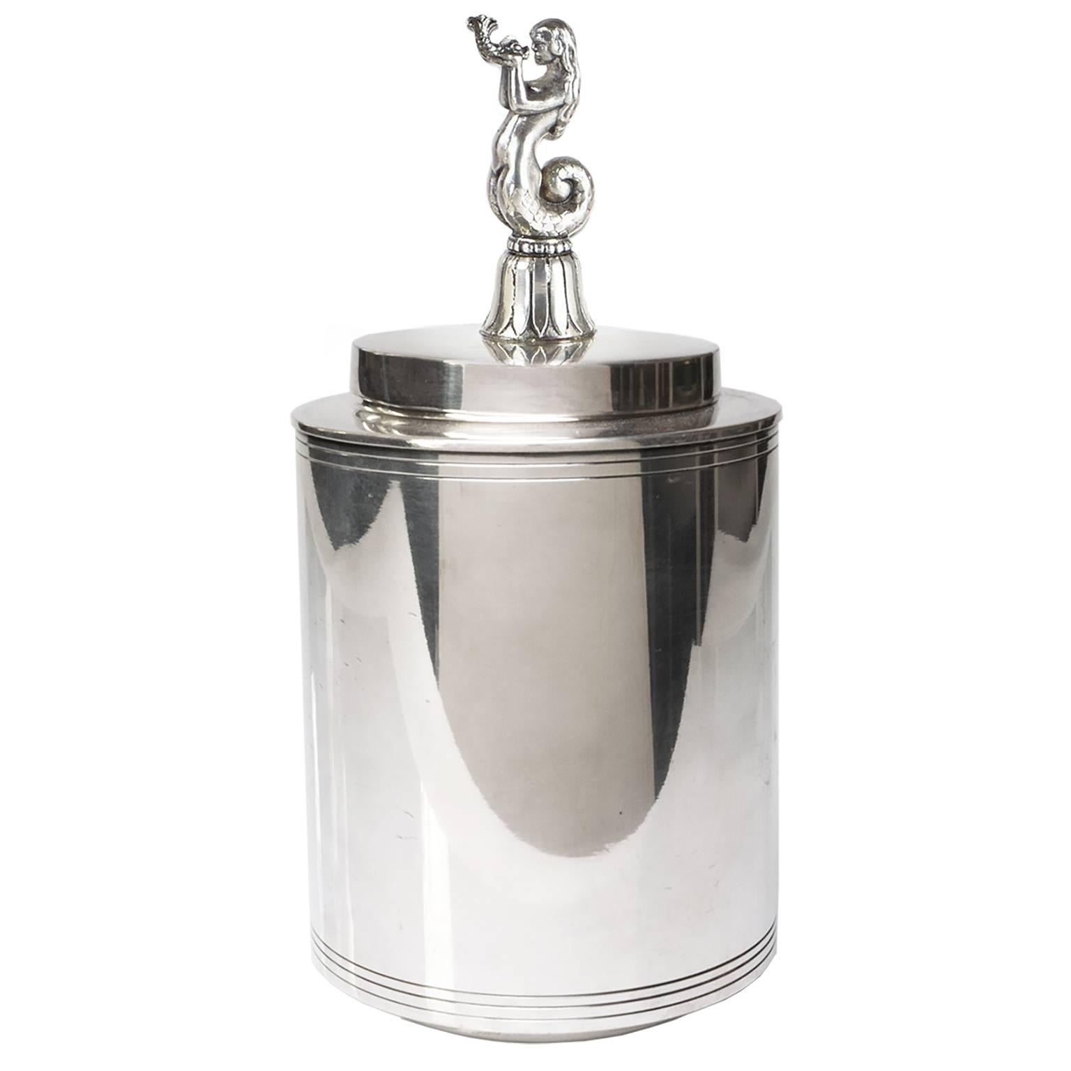 Scandinavian Modern C.G. Hallberg Silver Plated Jar Lid with Mermaid For Sale