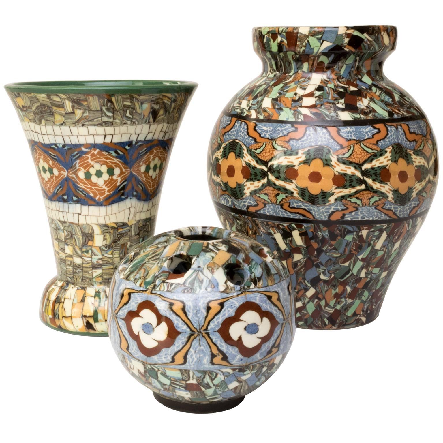 Group of Three French Vallauris Clay Mosaic Vase by Ceramicist Jean Gerbino