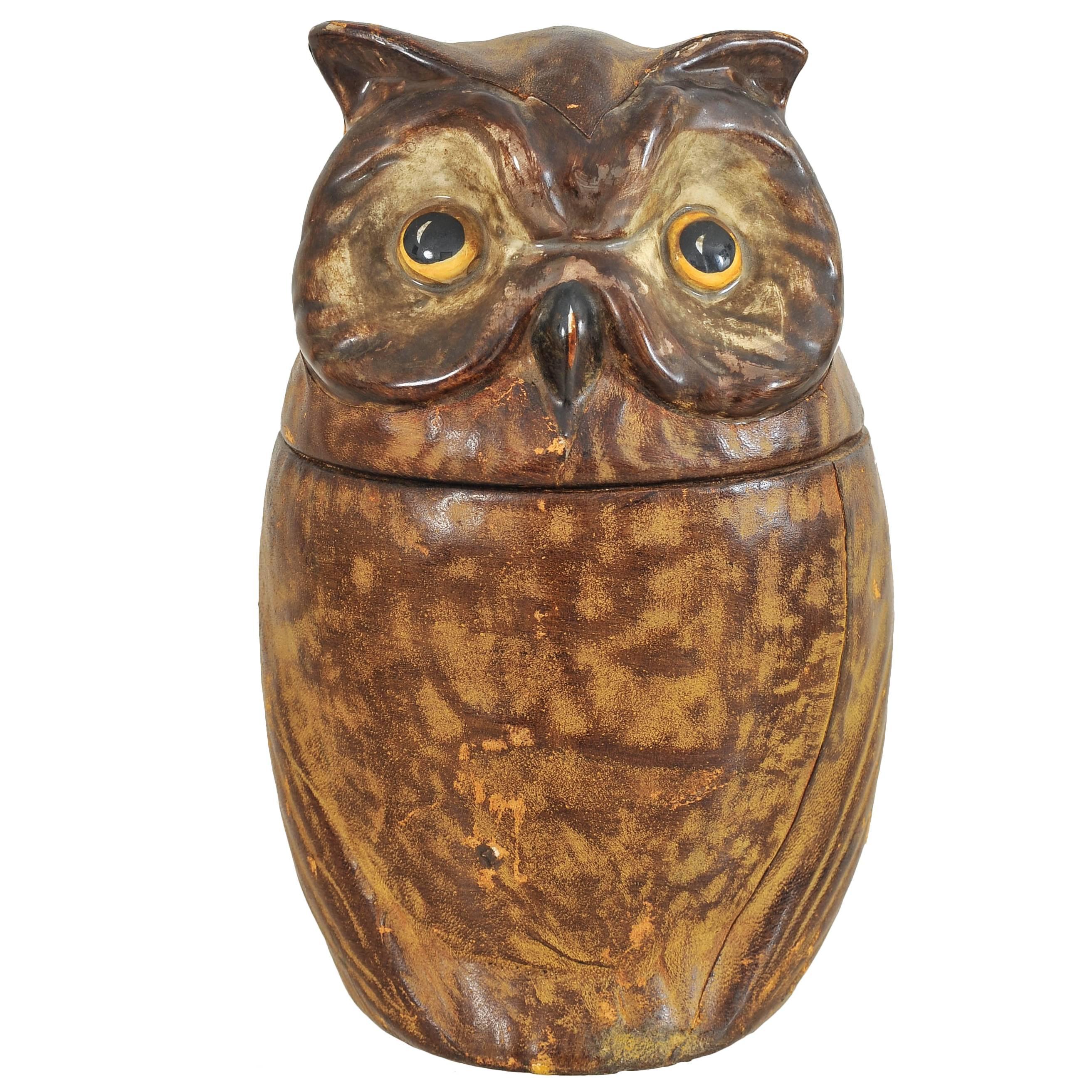 French Ceramic and Leather Owl Cookie Jar
