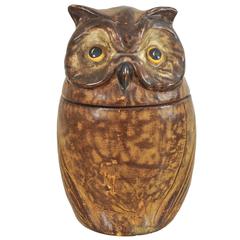 Retro French Ceramic and Leather Owl Cookie Jar