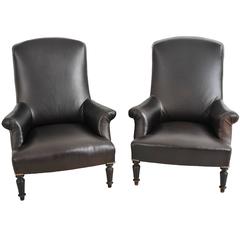 Pair of Dark Chocolate Brown, Leather Napoleon III, French Library Armchairs