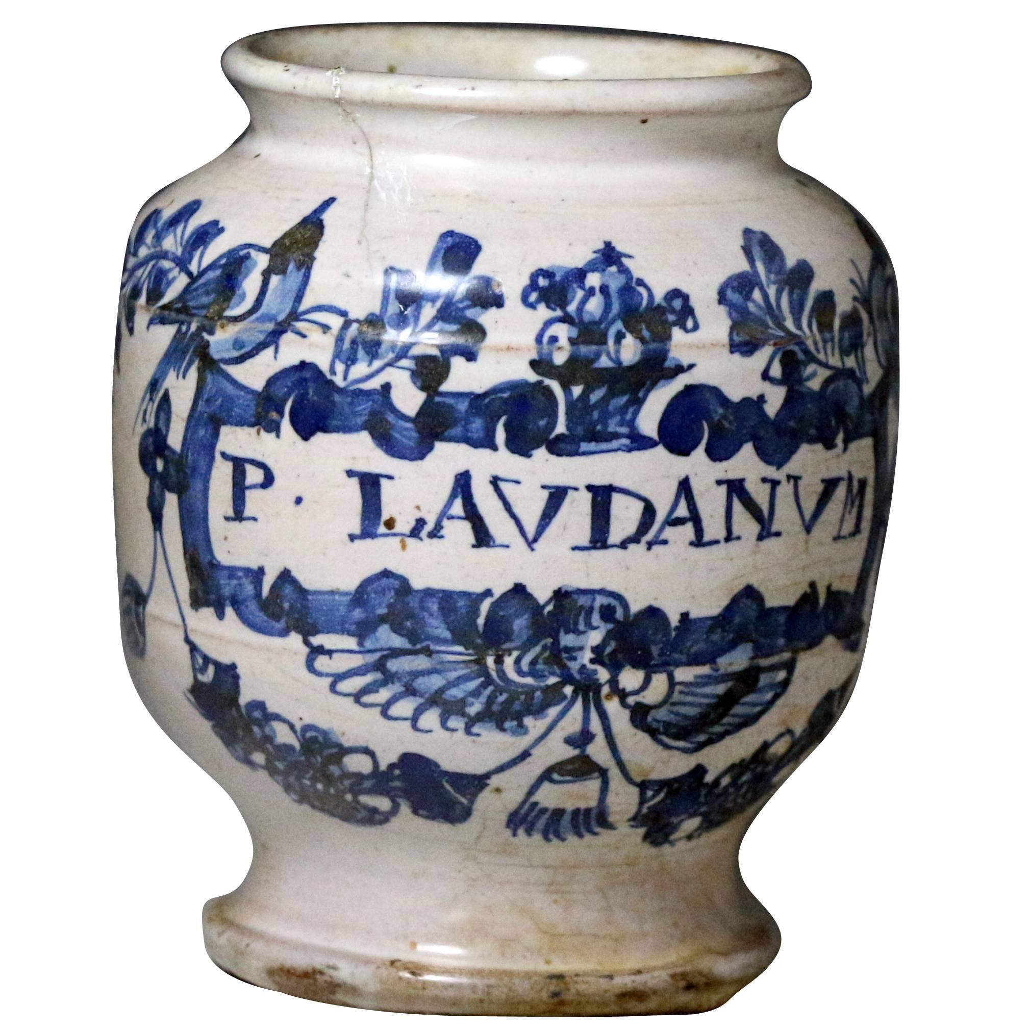 17th Century Pottery Apothacary Jar with the Legend "P.Lavdanvm" En