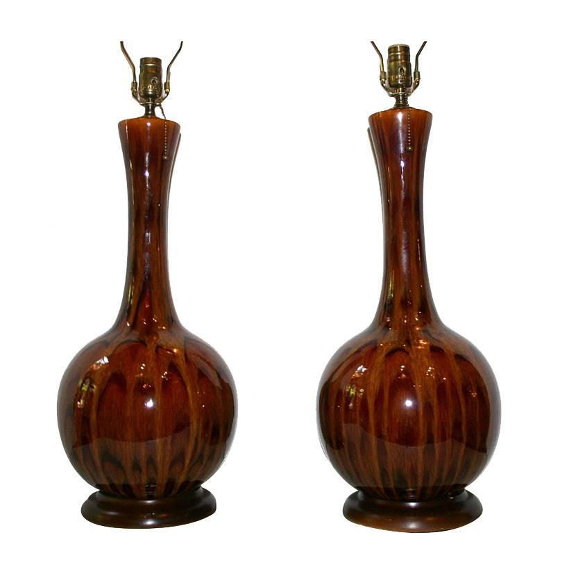 Pair of Large Brown Glazed Ceramic Lamps For Sale