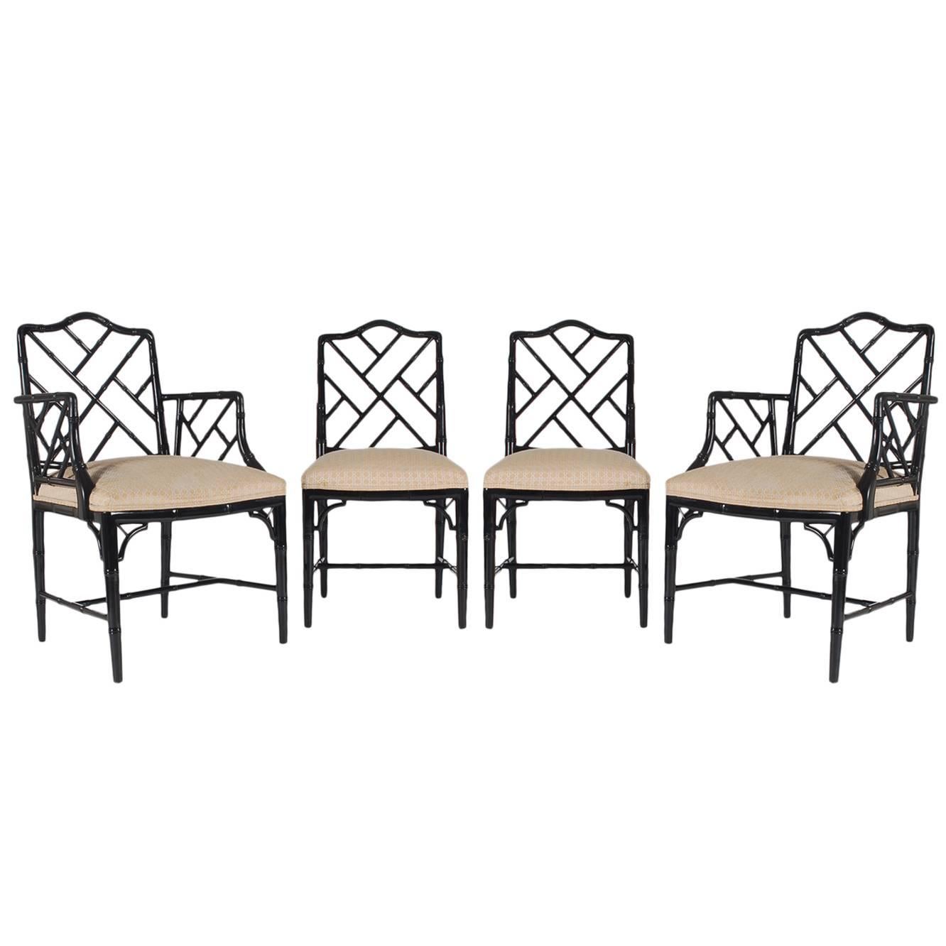 Set of Four Black Lacquered Faux Bamboo Chinese Chippendale Style Chairs