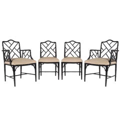 Set of Four Black Lacquered Faux Bamboo Chinese Chippendale Style Chairs