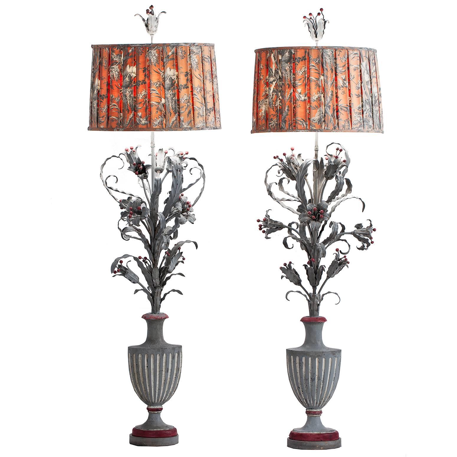 Pair of French Tole and Cast Iron Floor Lamps, circa 1900
