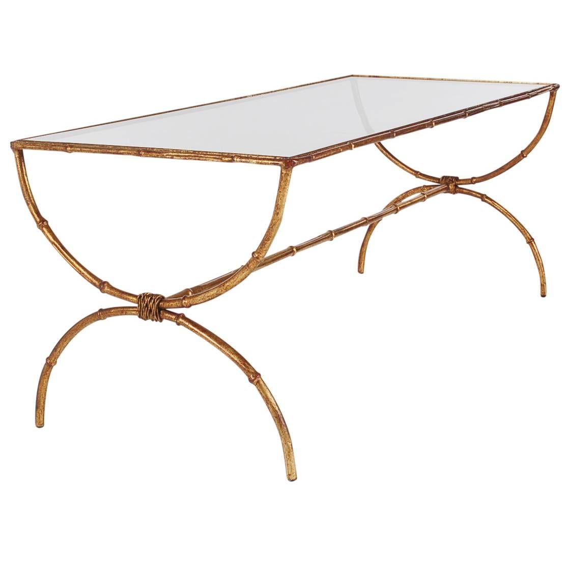 Hollywood Regency Gold Gilt Italian Brass and Glass Faux Bamboo Cocktail Table