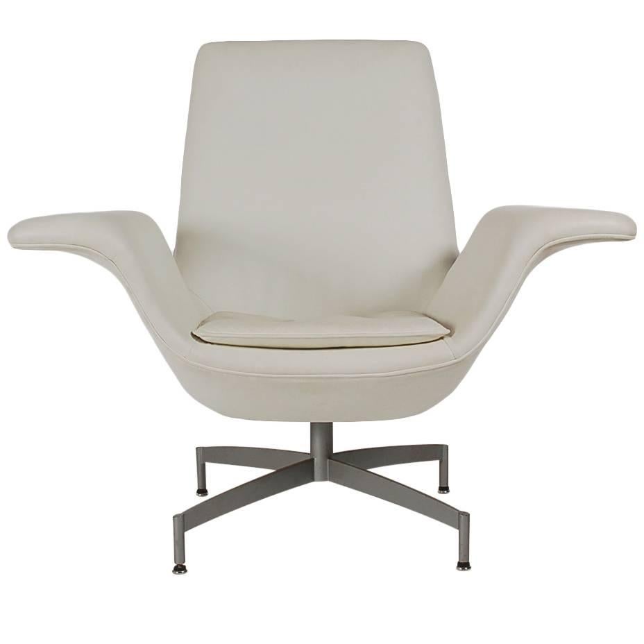 Mid-Century Modern Dialogue HBF Swivel Lounge Chair in White Leather
