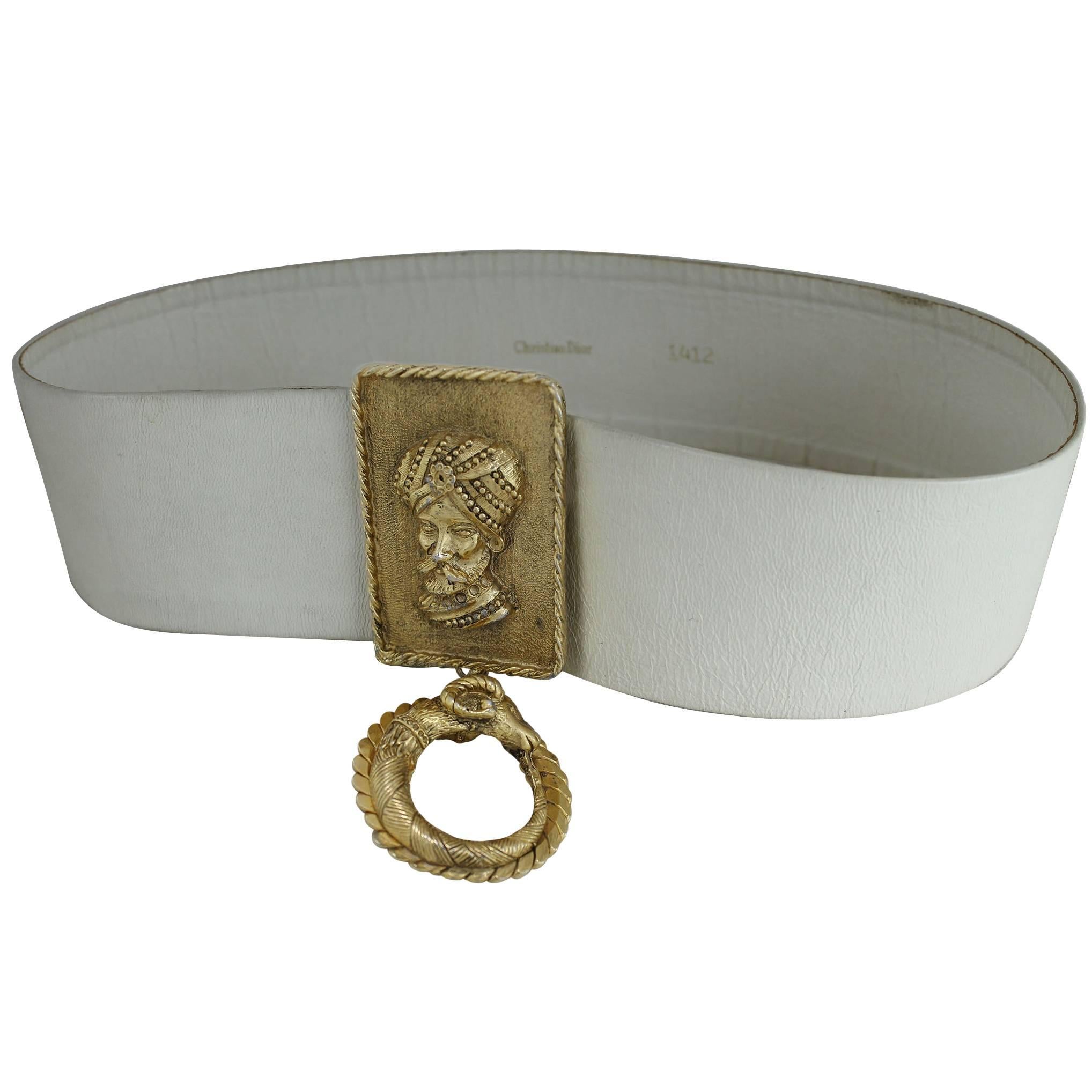 Christian Dior Leather Belt with Gold-Tone Sultan in Turban and Rams Head Buckle For Sale
