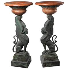 Pair of Cast Bronze Sphinx and Marble Tazzas 10