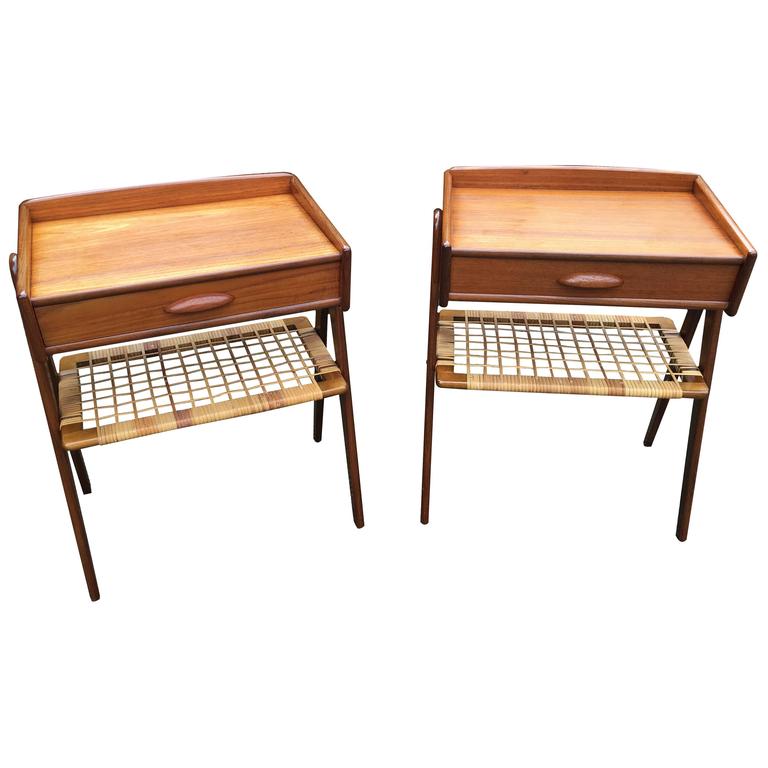 Pair Of Danish Teak And Wicker Bedside Tables In The Manner Of Kai Kristiansen At 1stdibs