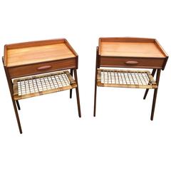 Vintage Pair of Danish Teak and Wicker Bedside Tables in the Manner of Kai Kristiansen