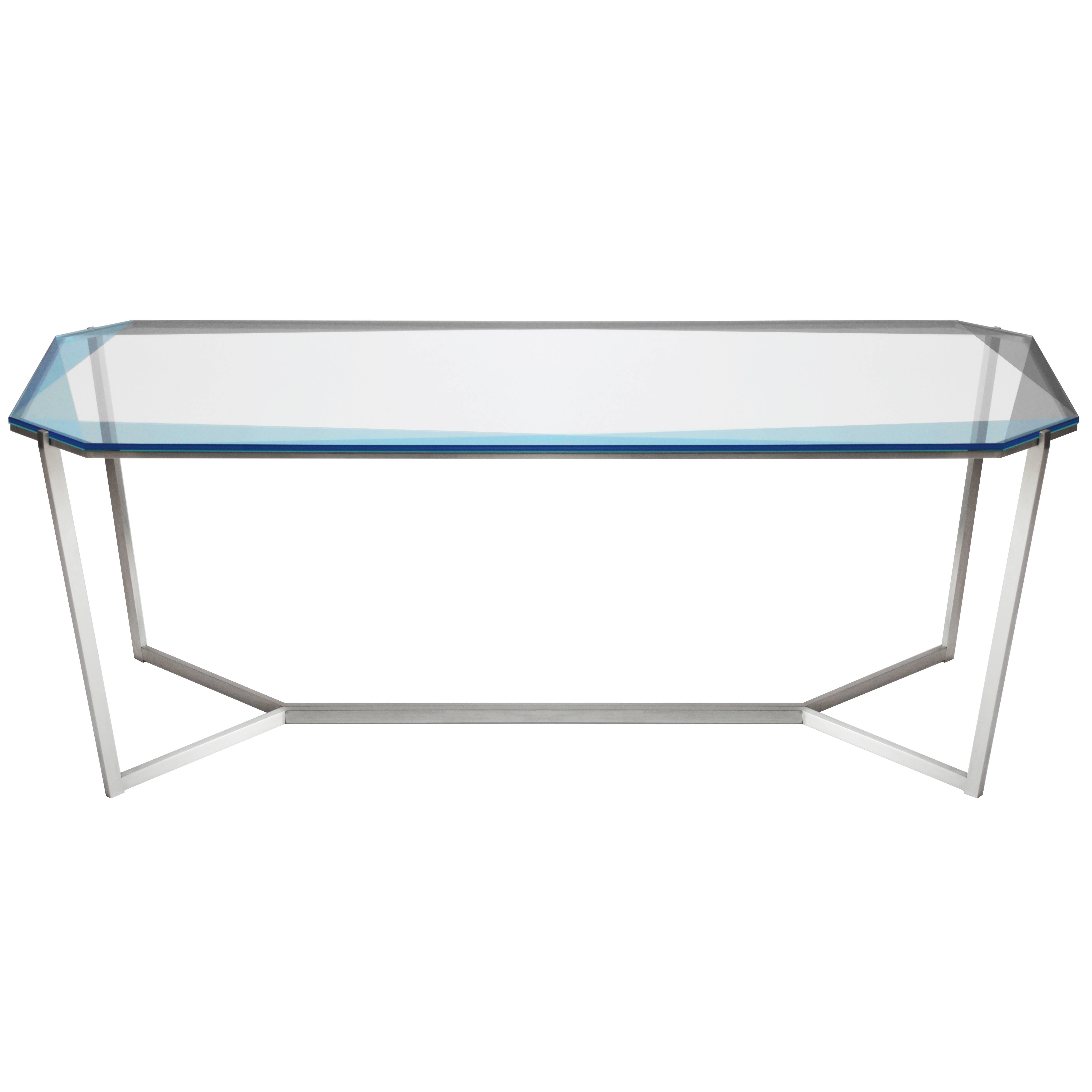 Table de salle à manger rectangulaire/verre bleu avec base en acier inoxydable par Debra Folz