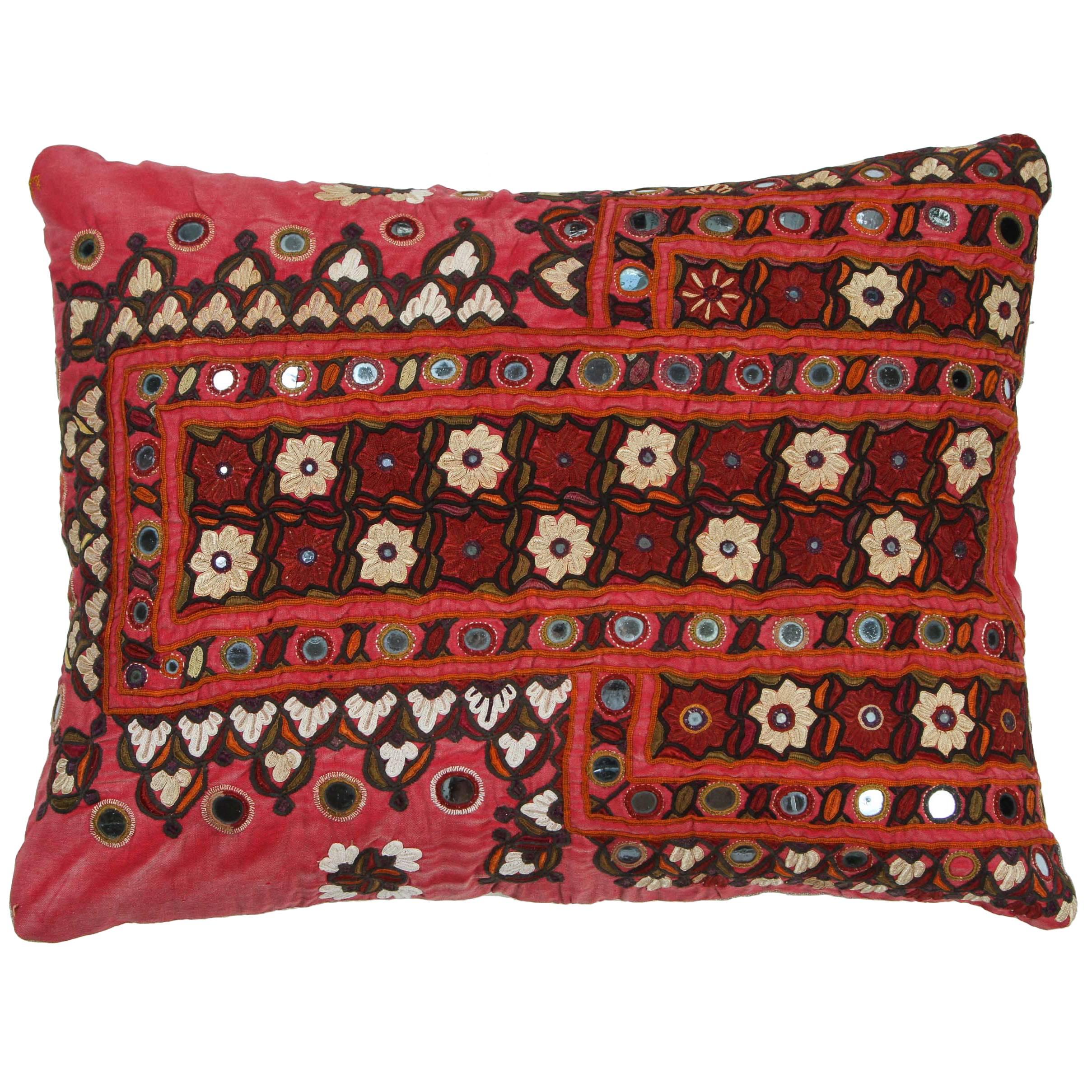 Indian Mirrored Shisha Pillow.  Red.  Ivory.  Dark Red. For Sale