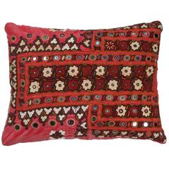 Indian Mirrored Shisha Pillow.  Red.  Ivory.  Dark Red.