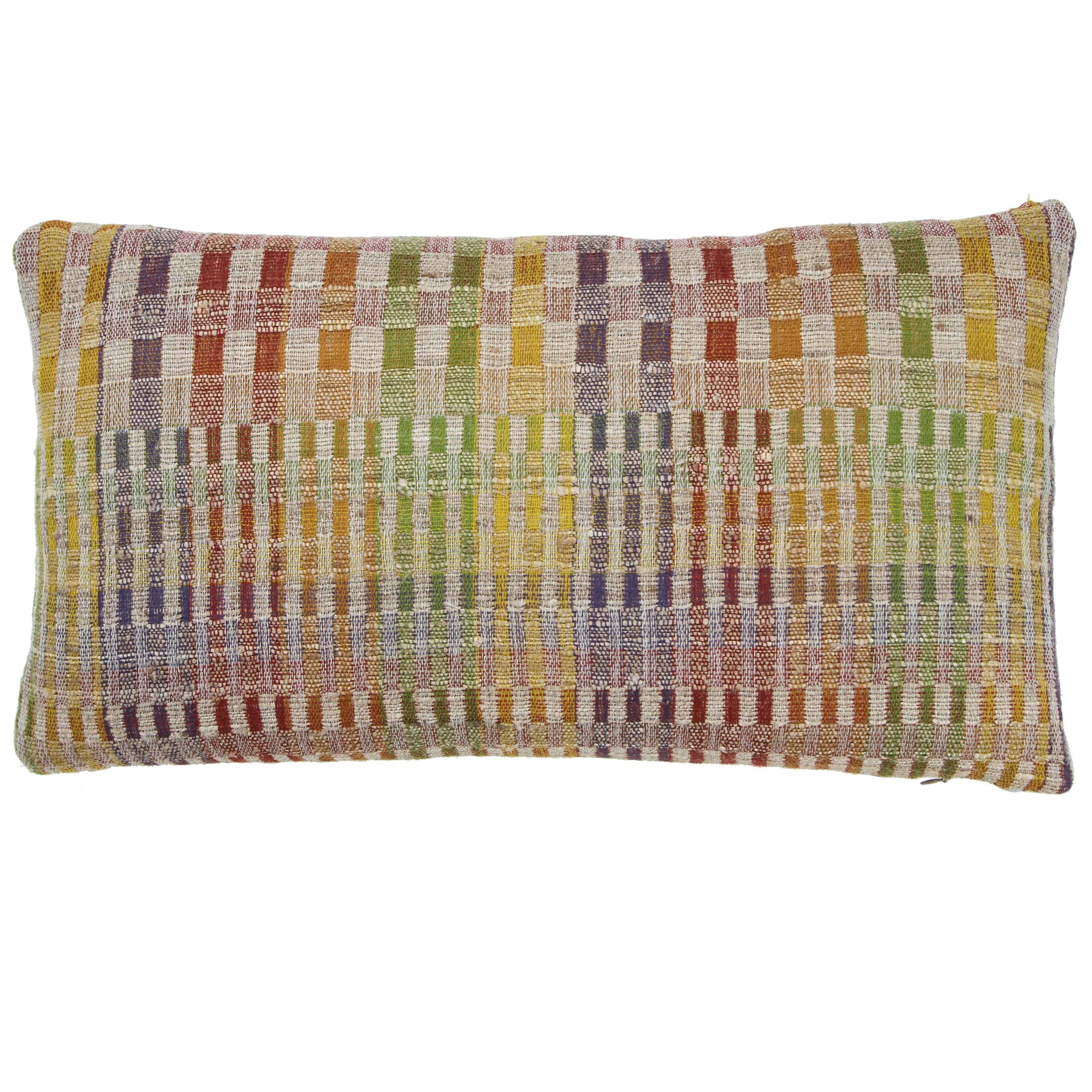 Indian Hand Woven Pillow. Yellow, Green, Orange,  Purple.  Wool and Silk.  For Sale
