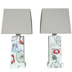 Pair of Mid-Century Italian Painted Ceramic Table Lamps. Gray. Red. Blue. 4
