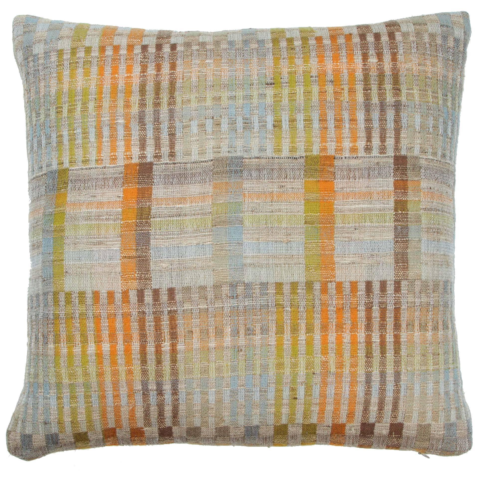 Indian Hand Woven Pillow. Orange. Green. Brown. Light Blue. Wool and Silk.  For Sale