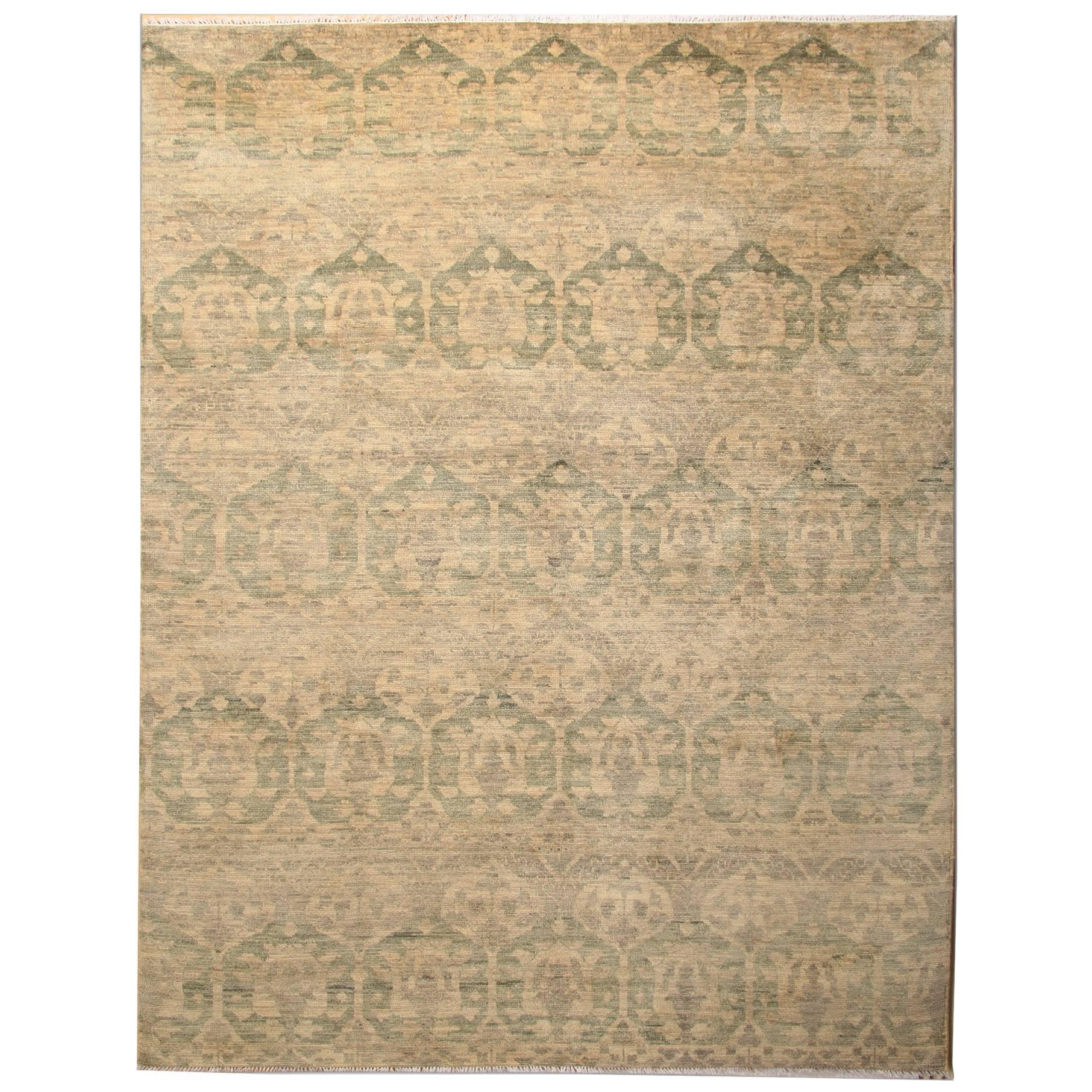 Moderner Damast-Teppich im Vintage-Stil, handgefertigt, zeitgenössischer beiger Teppich