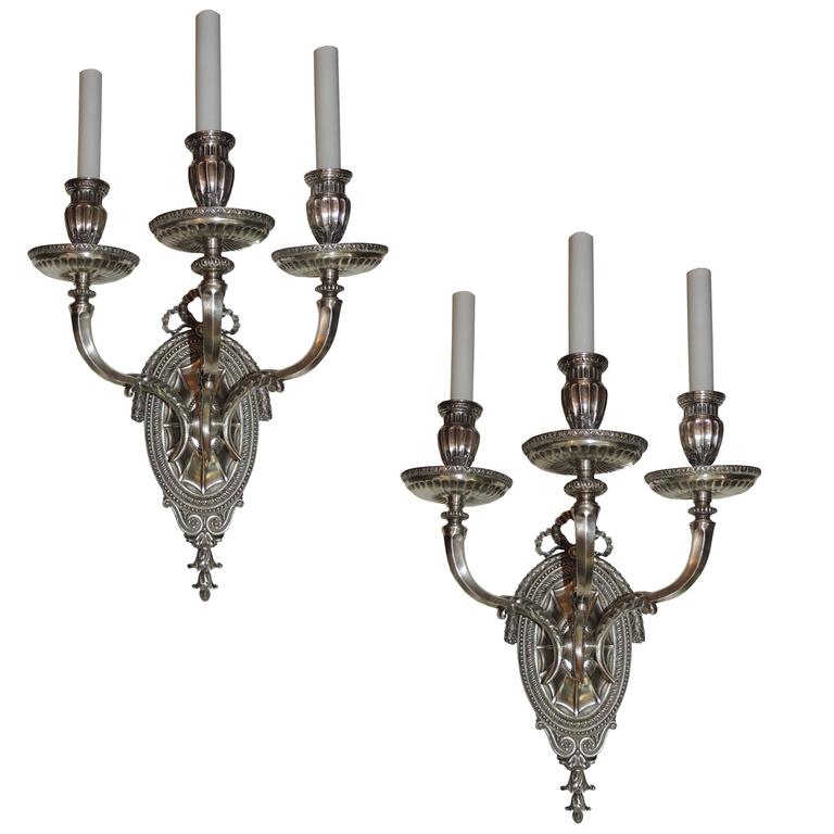 Elegant Pair Caldwell Silvered Bronze ThreeArm Filigree Bow Regency