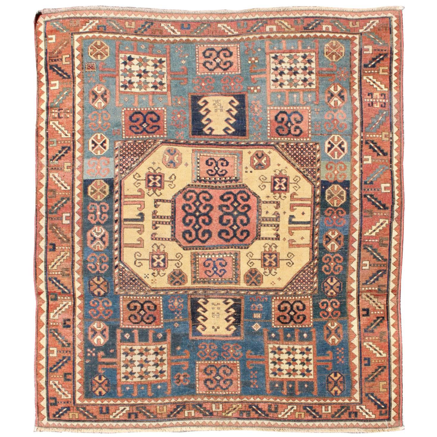 Antique Caucasian Karachopt Rug large rug in Blue, Salmon Teal and soft Yellow