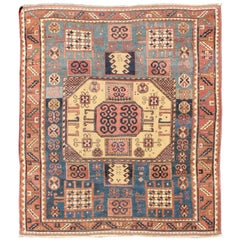 Antique Caucasian Karachopt Rug large rug in Blue, Salmon Teal and soft Yellow