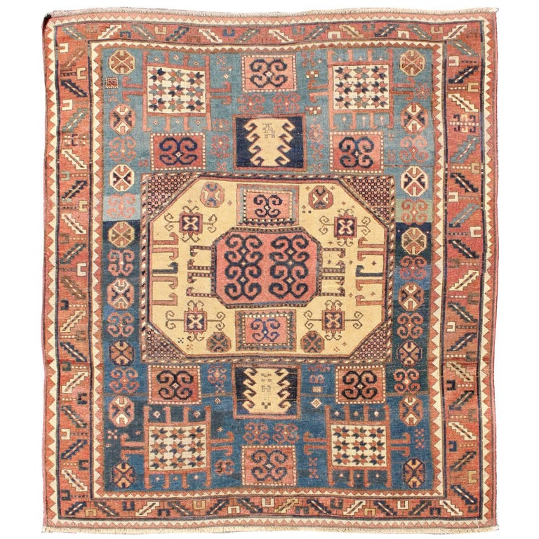 Antique Caucasian Karachopt Rug large rug in Blue, Salmon Teal and soft Yellow For Sale