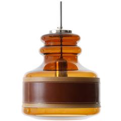 Kalmar Pendant Light, Amber Glass and Leather, 1970