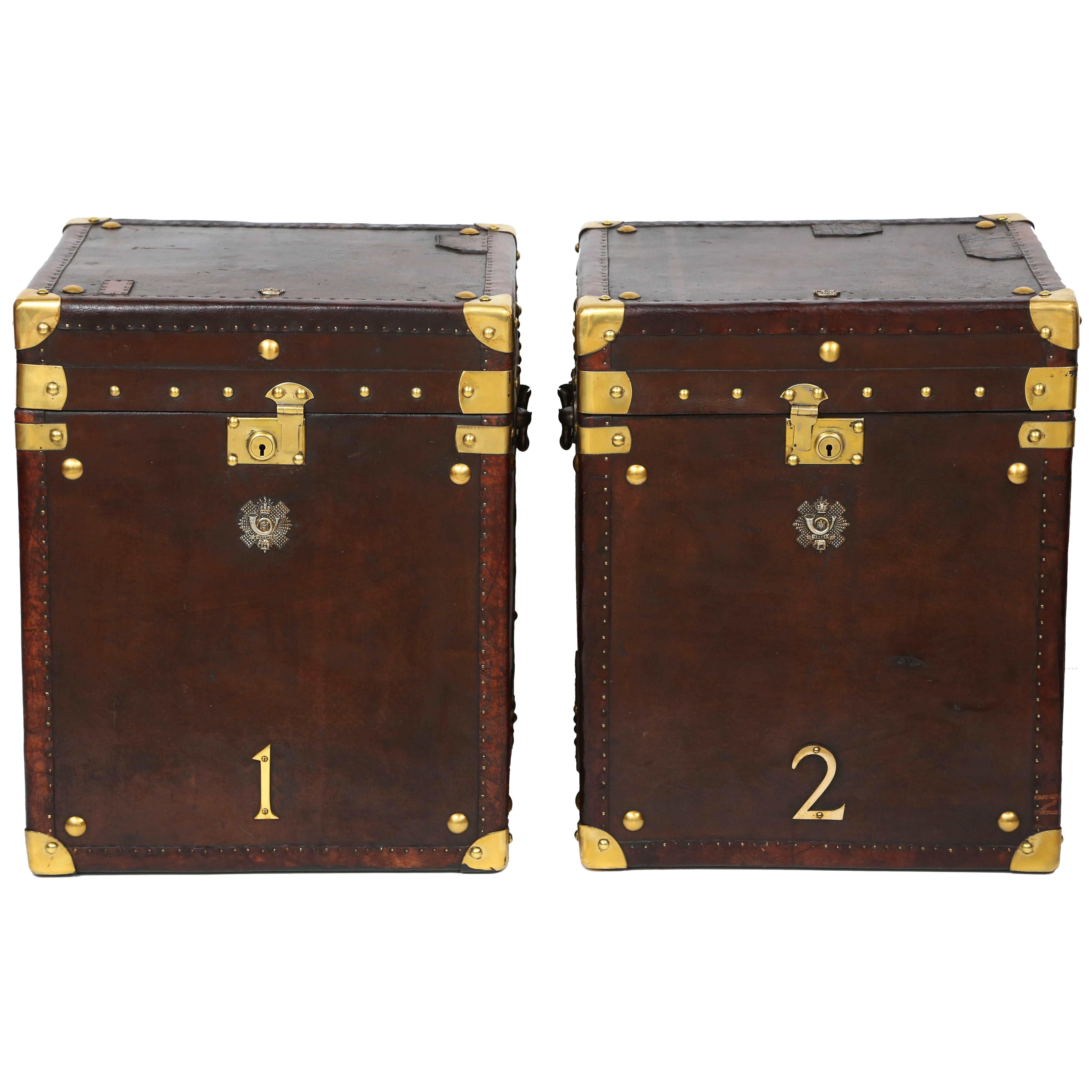 Pair of Vintage Leather Storage Trunks with Brass Trim