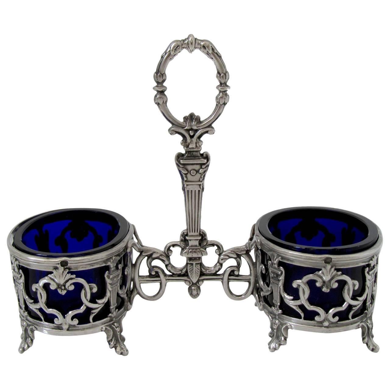 Antique French Sterling Silver and Cobalt Glass Open Salt Caddy, Napoleon III