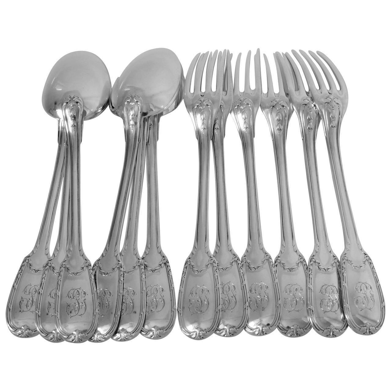 Puiforcat French Sterling Silver Dinner Flatware Set of 12 Pieces Neoclassical For Sale