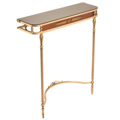 Mid-Century Neoclassic Brass and Mahogany Wood Hallway Console Demilune Table