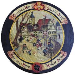 Antique Folksy Hand-Painted Shooting Target with Village Live Scene