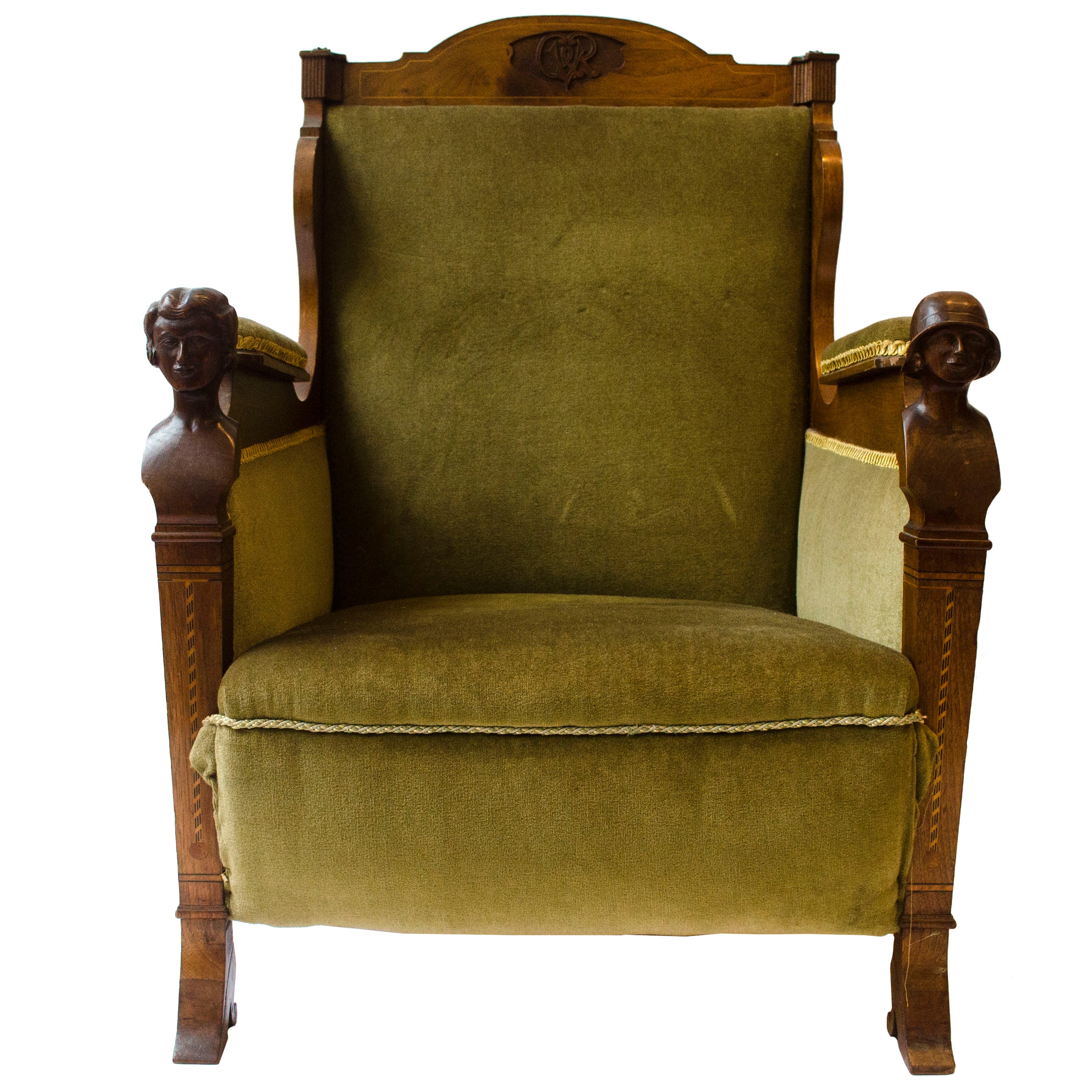 Arts And Crafts Walnut Armchair With Carved Female Heads And High