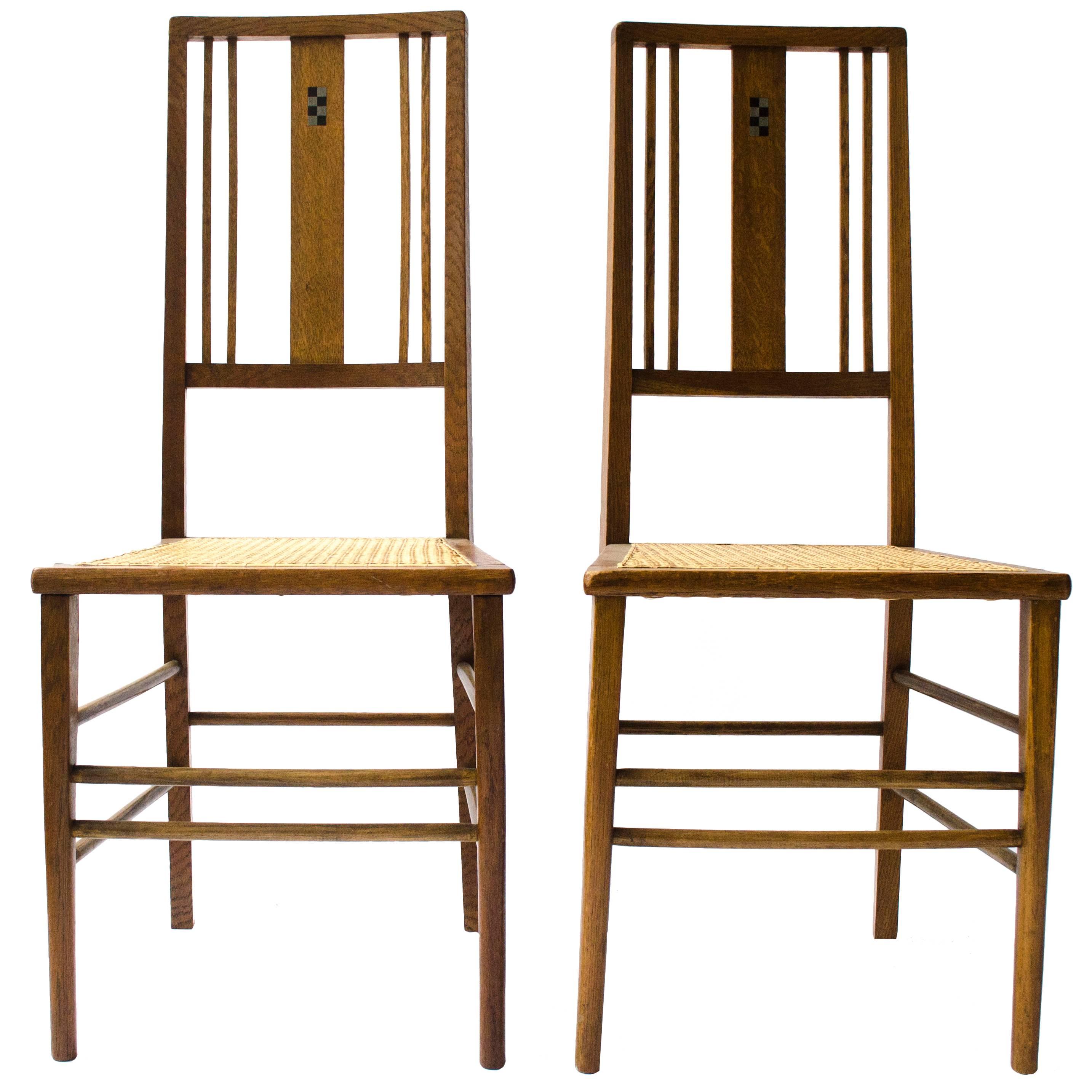 Ambrose Heal A Rare Pair of Arts & Crafts Side Chairs with Ebony & Pewter Inlays