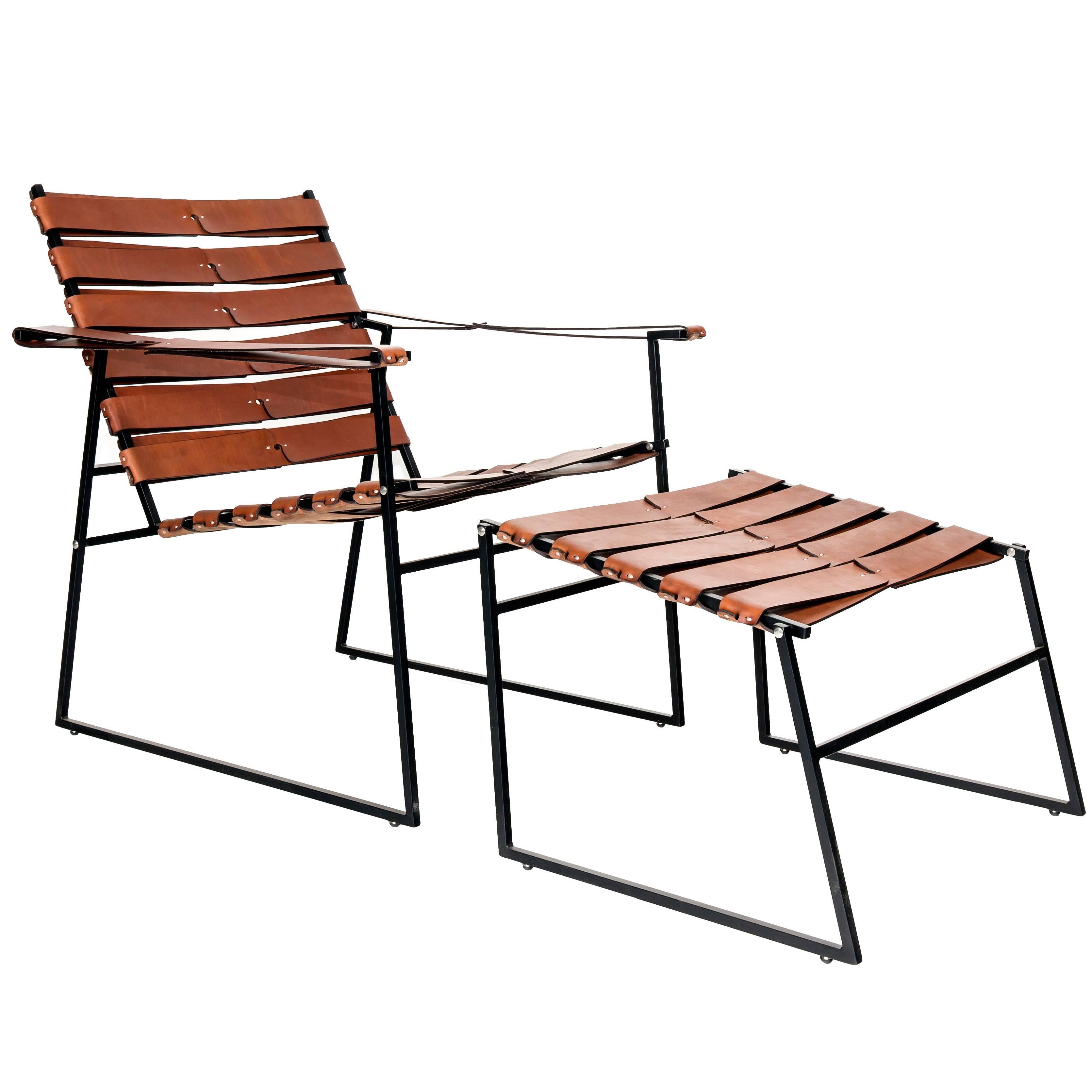 Chair 5, Powder-Coated Steel and Hand-Sewn Leather Lounge Chair with Ottoman For Sale