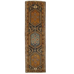 Antique Heriz Northwest Persian Runner, Handmade Rug, Navy, Light Blue, Saffron